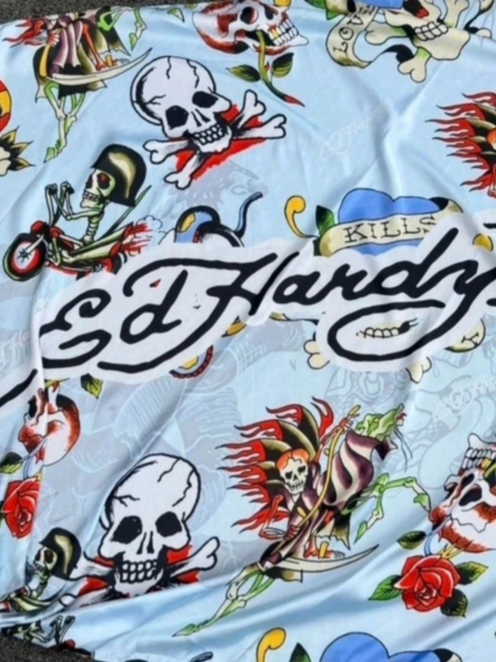 NWT Ed Hardy Love Kills Slowly Satin Scarf Sarong Blue Y2K"